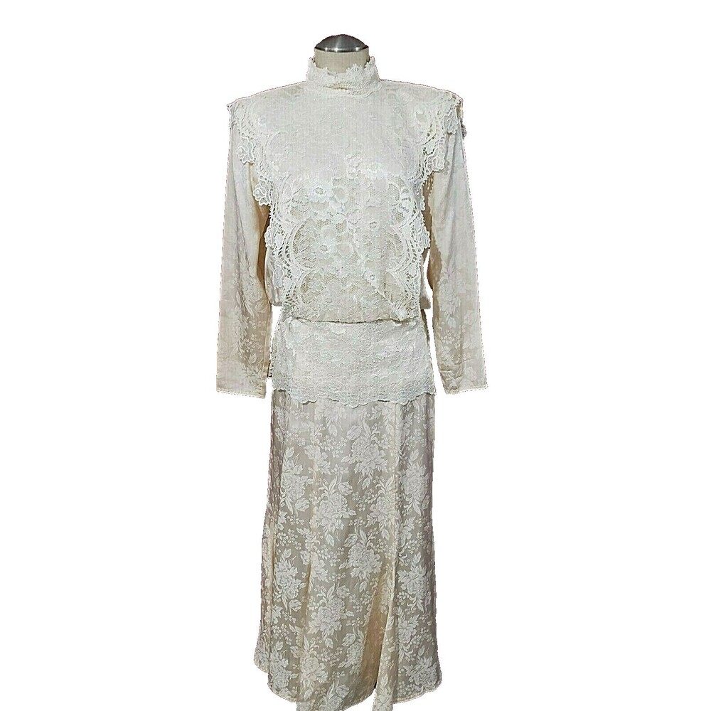 Vtg Jessica McClintock Ivory Silk w/ Lace Trim Floral Long Dress  10